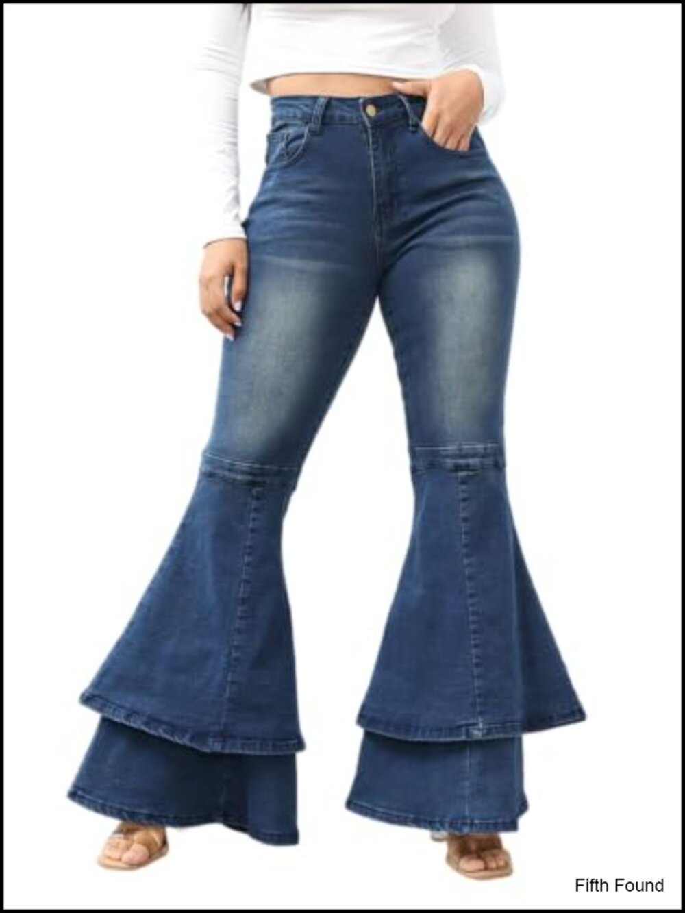 Stretch Ruffle Hem Flared Bell Bottom Jeans High Rise Pleated Denim Pants